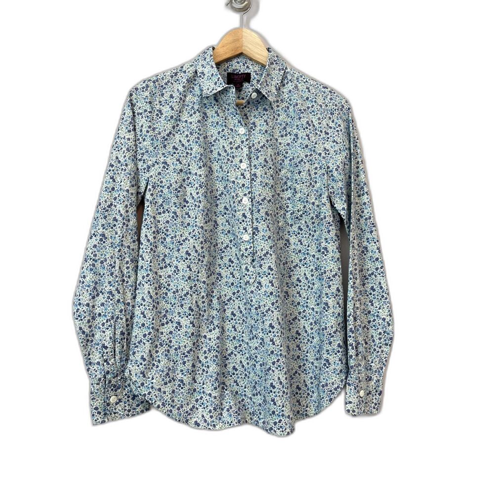 J Crew x Liberty Art Floral Popover Button Long Sleeve Top Small Blue Twee